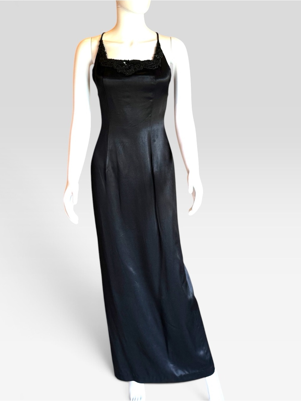 Black Satin Slip Gown with Lace Bodice